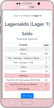 En smartphone visar det aktuella lagersaldot i en tabell